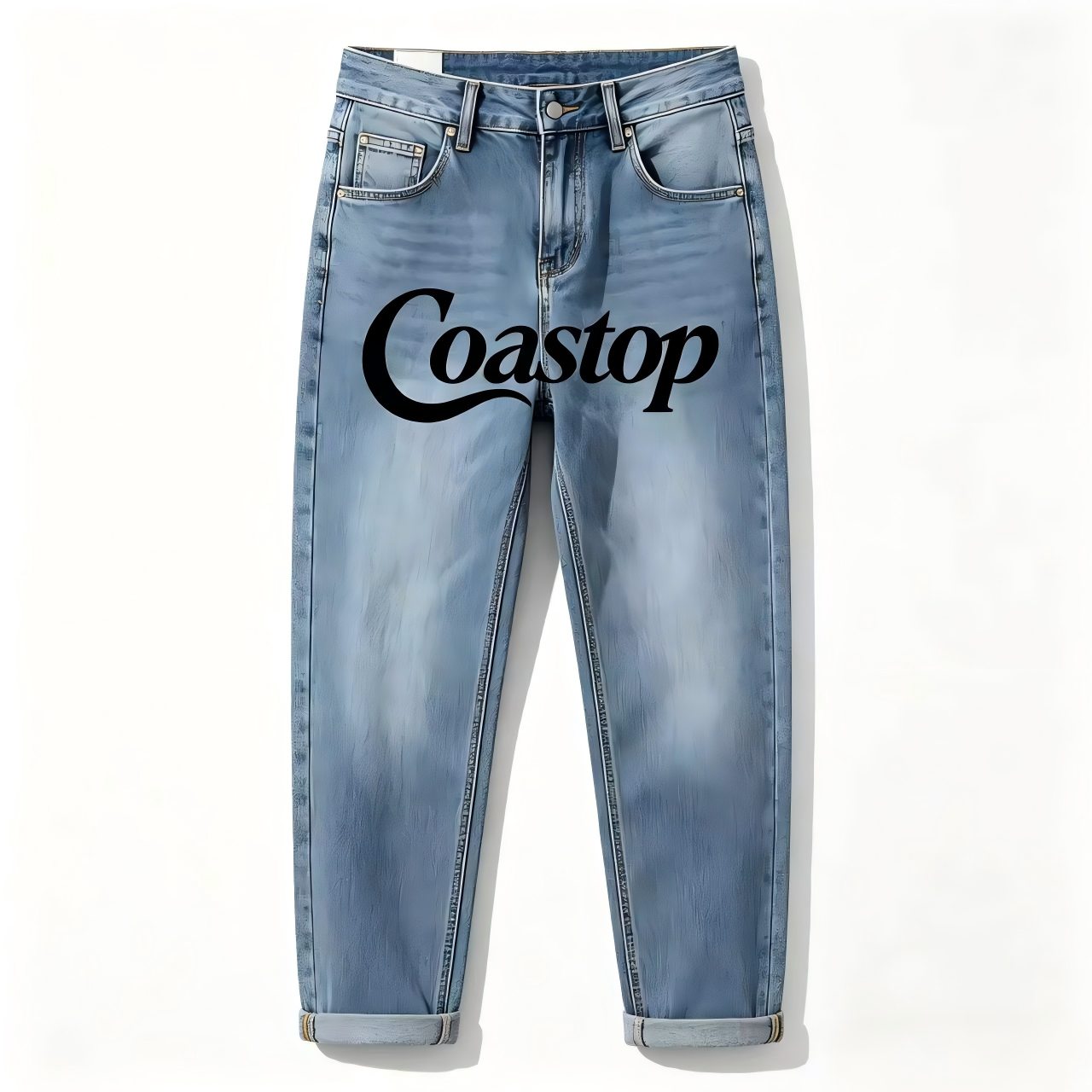 Coastop Washed Straight-Leg Jeans, Unisex Loose Wide-Leg Pants, Vintage Letter Print Casual Trousers for Men Women