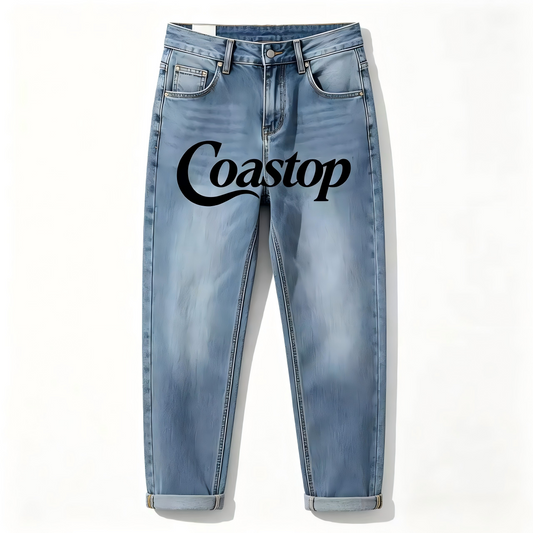 Coastop Washed Straight-Leg Jeans, Unisex Loose Wide-Leg Pants, Vintage Letter Print Casual Trousers for Men Women