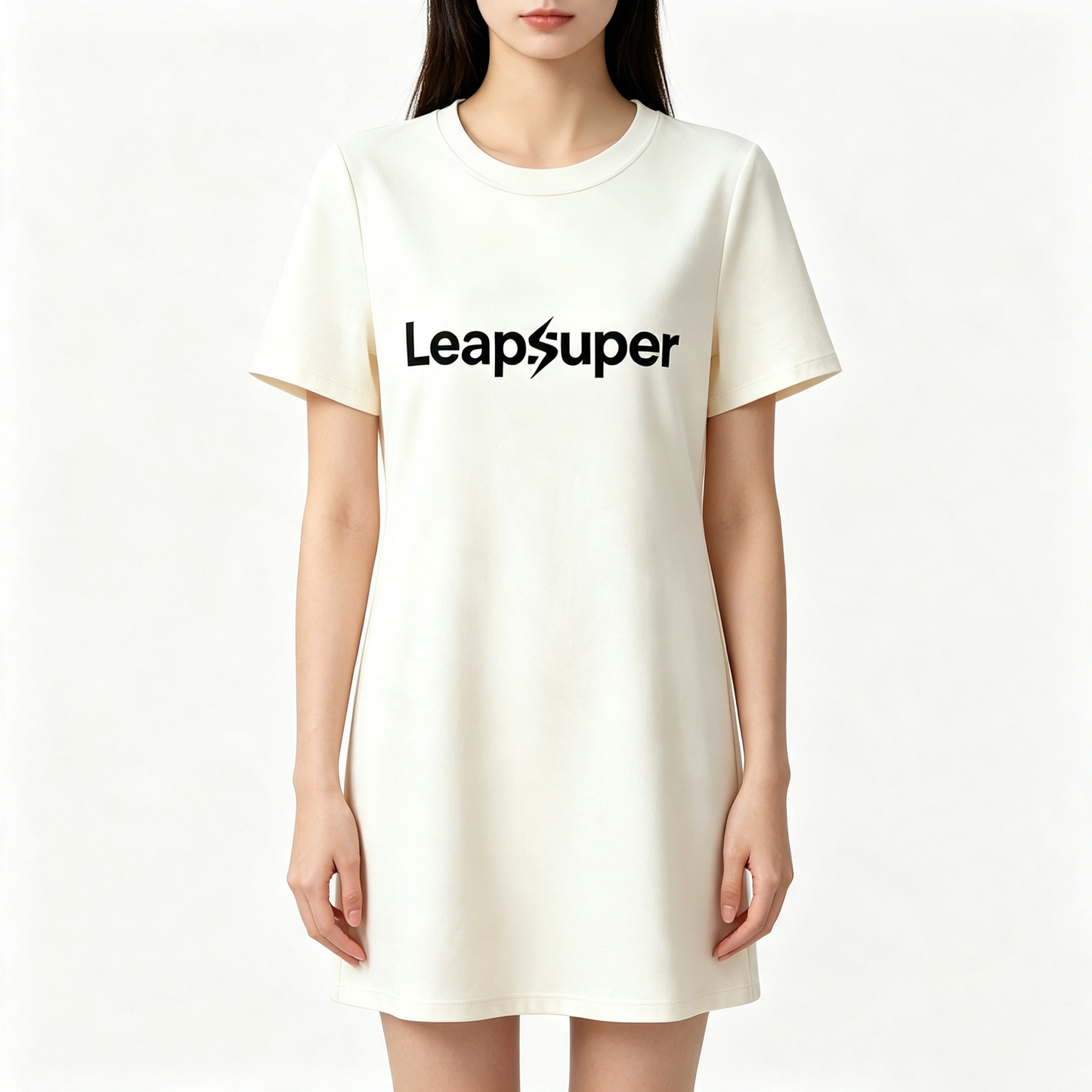 Leapsuper Cream Crew Neck Mini T-Shirt Dress for Women, Relaxed Short Sleeve Cotton Casual Shift Dress Minimalist Soft Everyday Short Dress
