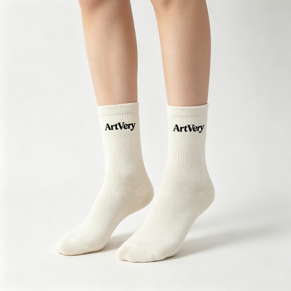 ArtVery Ribbed Crew Socks 3 Pairs, Cream White Casual Mid Calf Socks, Soft Breathable Cotton Blend Fashion Socks, Non-Sagging Elastic Crew Socks for Men & Women Daily Street Wear