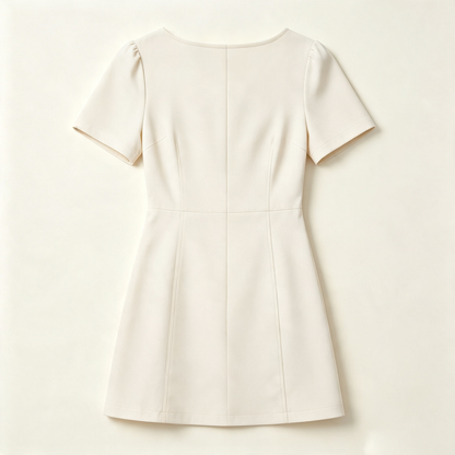 Towerose Square Neck Short‑Puff Sleeve Mini Dress, Elegant Solid Cream‑White Bodycon Short Dress, Casual Business Party Slim‑Fit A‑Line Dresses For Women