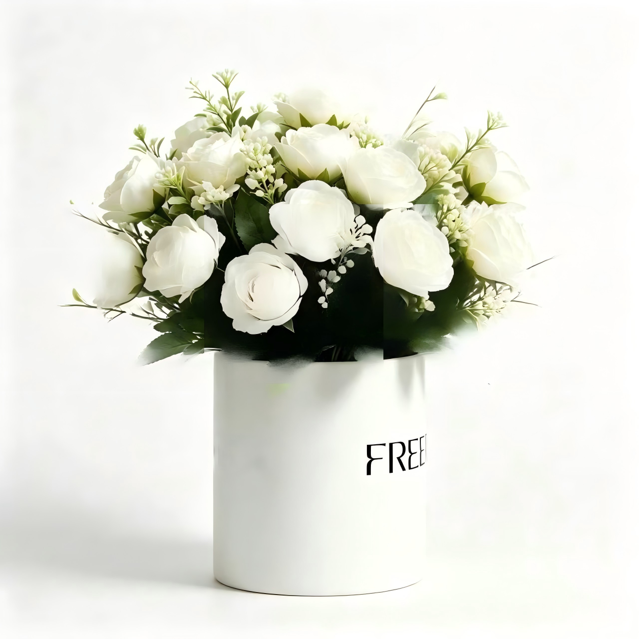 FREERA Artificial White Rose Flowers with Vase, Fake Rose Bouquet, Nordic Style Decorative Centerpiece for Home, Kitchen, Office