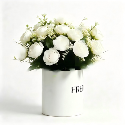 FREERA Artificial White Rose Flowers with Vase, Fake Rose Bouquet, Nordic Style Decorative Centerpiece for Home, Kitchen, Office