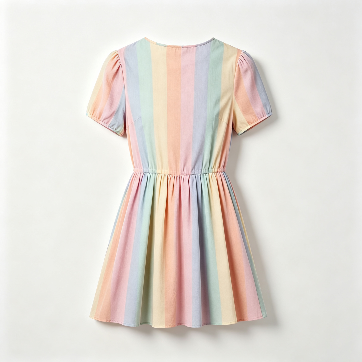 SkyNear Pastel Vertical‑Stripe Short Puff Sleeve Dress, Elastic Waist Flare Mini Dress