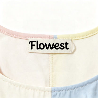 Flowest Girls Short‑Sleeve Color Block Midi Dress, Square Neck Elastic Waist Casual Summer A‑Line Dress