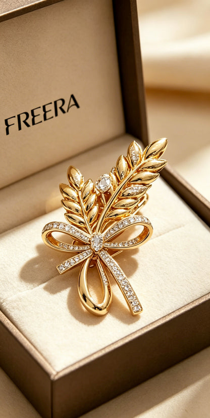 FREERA Wheat Bow Brooch, Gold-Plated Crystal Pin, Luxury Fashion Accessory for Suits, Coats, and Gifts