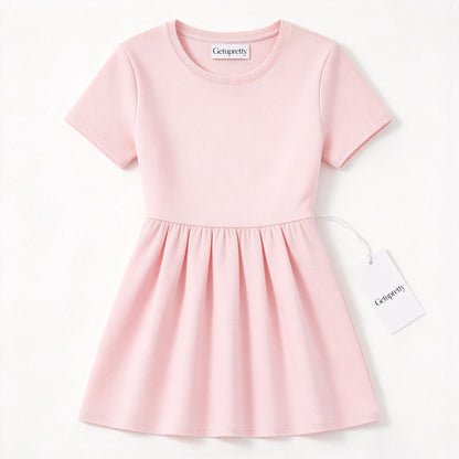 Getupretty Girls Short Sleeve Pleated Dress, Crew Neck A‑Line Casual Sundress, Soft Lightweight Kids Play Dress for Daily Holiday Party Outfit