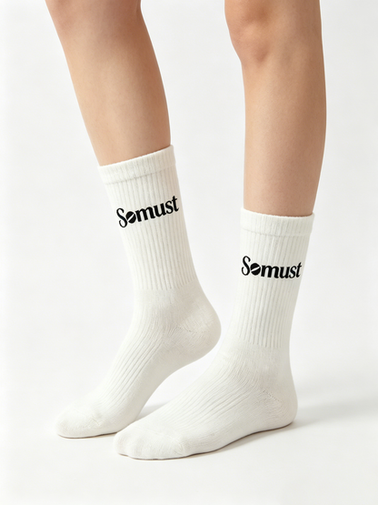 Somust Unisex Cotton Ribbed Mid-Calf Crew Socks, Breathable Casual Athletic Daily Socks, White Fashion Graphic Socks 5 Pairs Pack