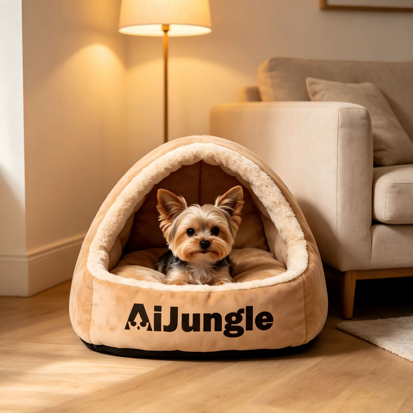 AiJungle Cozy Cave Dog Bed, Soft Plush Hooded Pet Bed for Small Dogs & Cats, Warm Semi-Enclosed Nest with Non-Slip Bottom, Beige