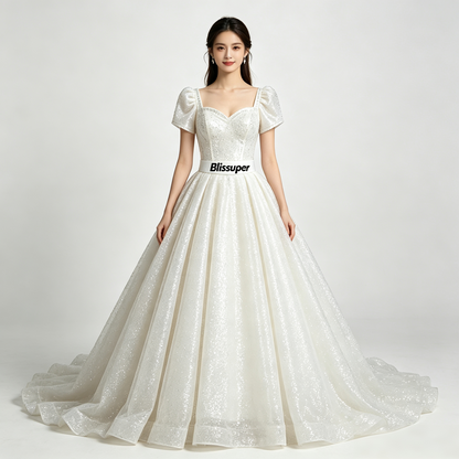 Blissuper Sparkling Ball Gown Wedding Dress Puff Short Sleeve Sweetheart Neck Glitter Tulle Train Formal Evening Gown for Wedding Prom