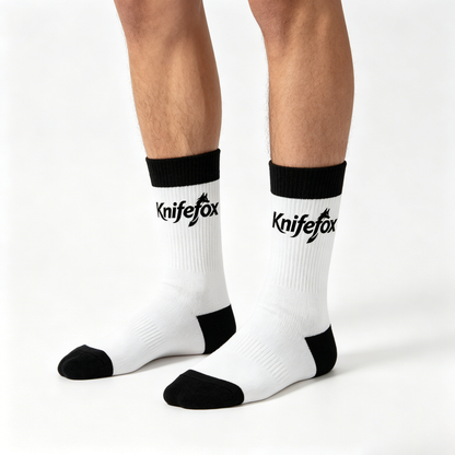 Knifefox Crew Socks, Black & White Athletic Socks, Cushioned Breathable Cotton Socks for Men & Women