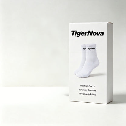 TigerNova Men White Crew Socks 4 Pairs, Ribbed Breathable Mid Calf Athletic Socks, Soft Cushioned Everyday Casual Walking Sports Socks