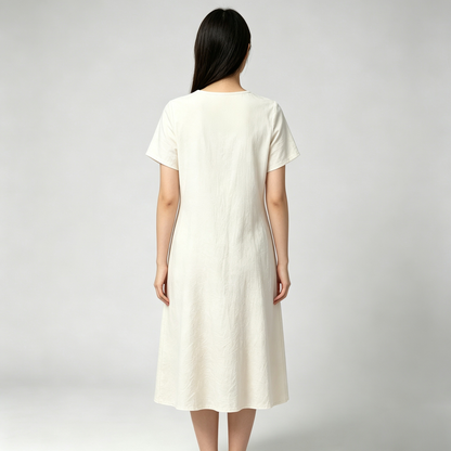 Alldream Women’s Crew Neck Short Sleeve Midi Dress, Loose Flowy Linen Blend Casual Dress, Soft Wrinkle Resistant Cream Mid Length Dress for Daily Beach Vacation Outfit