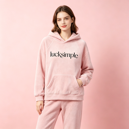 lucksimple Women's Fleece Hoodie Pajama Set, Soft Cozy Loungewear, Long Sleeve Hooded Sweatshirt & Pants Sleepwear, Warm Plush 2-Piece Outfit for Fall Winter