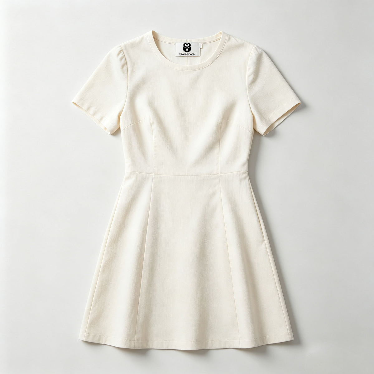 Swellove Elegant Short Sleeve Mini Dress, Crew Neck Waist‑Defined A‑Line Dress for Daily & Office