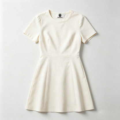 Swellove Elegant Short Sleeve Mini Dress, Crew Neck Waist‑Defined A‑Line Dress for Daily & Office