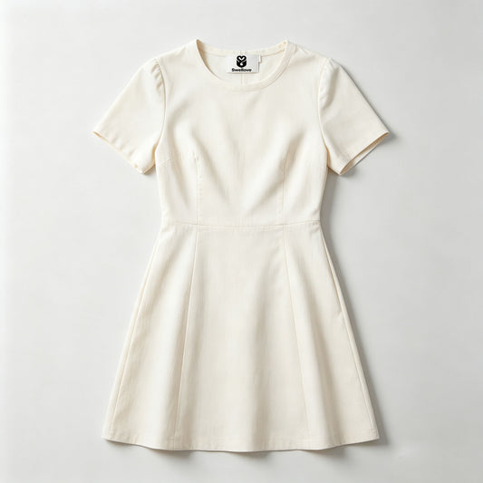 Swellove Elegant Short Sleeve Mini Dress, Crew Neck Waist‑Defined A‑Line Dress for Daily & Office