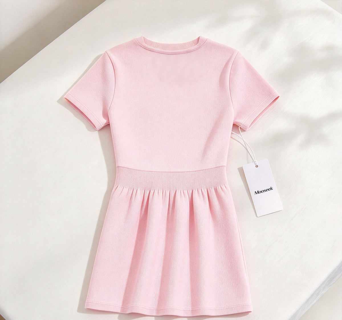 Mooseek Girls Short Sleeve Knit Dress, Round Neck A-Line Swing Casual Dress for Kids Daily Holiday Wear