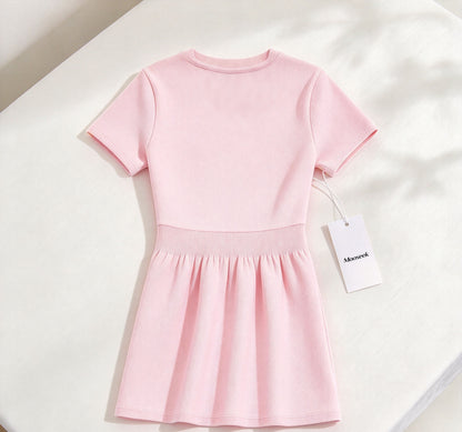 Mooseek Girls Short Sleeve Knit Dress, Round Neck A-Line Swing Casual Dress for Kids Daily Holiday Wear