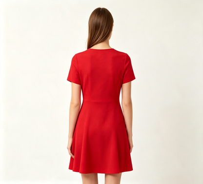 Dropretty Women’s Short Sleeve Round Neck A-Line Mini Dress, Elegant Solid Red Flared Skater Dress, Slim Fit Casual Party Work Dress, Soft Stretchy Above Knee Swing Dress for Daily Wedding Guest