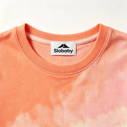 Slobaby Kids Tie Dye Short Sleeve T-Shirt, Soft Crew Neck Casual Tee, Orange Pink Cloud Gradient Summer Top for Boys Girls Daily Wear