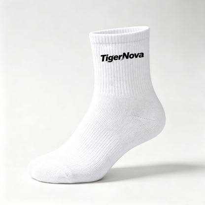 TigerNova Men White Crew Socks 4 Pairs, Ribbed Breathable Mid Calf Athletic Socks, Soft Cushioned Everyday Casual Walking Sports Socks