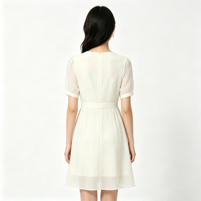Totalove Women’s Cream Round Neck Puff Short Sleeve Mini Dress, Waist Cinched Flowy Chiffon A Line Dress, Elegant Casual Summer Swing Dress for Dating Office Wedding Guest