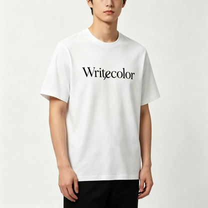 Writecolor Men's Classic Crew Neck Cotton Graphic T-Shirt, Minimal Elegant Letter Short Sleeve Tee, Soft Breathable White Basic Casual Top