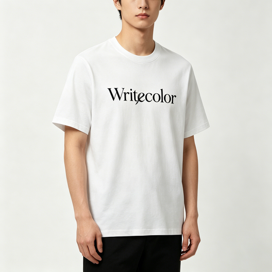 Writecolor Men's Classic Crew Neck Cotton Graphic T-Shirt, Minimal Elegant Letter Short Sleeve Tee, Soft Breathable White Basic Casual Top