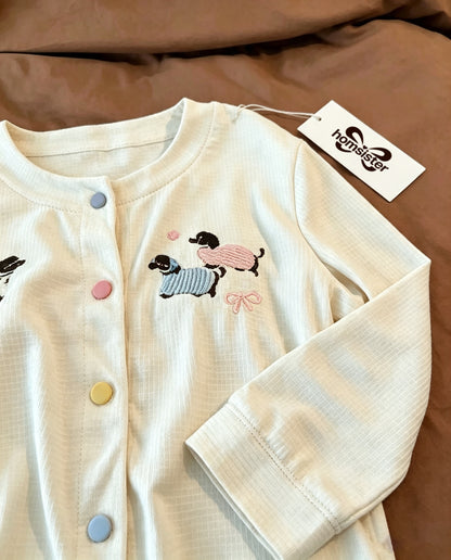 Homsister Women Cute Dachshund Embroidery Pajama Set, Long Sleeve Button Front Top & Elastic Long Pants Soft Knit Sleep Loungewear 2 Piece Sleepwear
