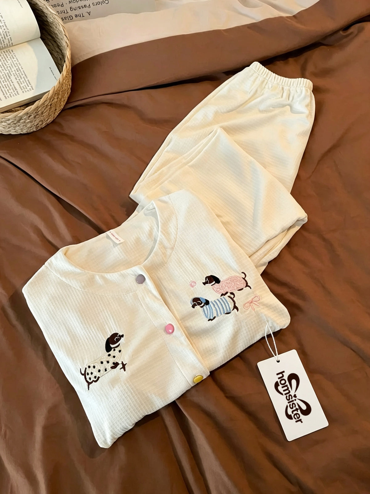 Homsister Women Cute Dachshund Embroidery Pajama Set, Long Sleeve Button Front Top & Elastic Long Pants Soft Knit Sleep Loungewear 2 Piece Sleepwear