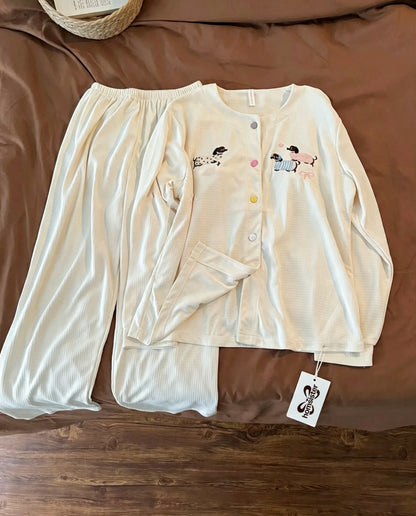 Homsister Women Cute Dachshund Embroidery Pajama Set, Long Sleeve Button Front Top & Elastic Long Pants Soft Knit Sleep Loungewear 2 Piece Sleepwear