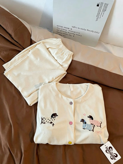 Homsister Women Cute Dachshund Embroidery Pajama Set, Long Sleeve Button Front Top & Elastic Long Pants Soft Knit Sleep Loungewear 2 Piece Sleepwear