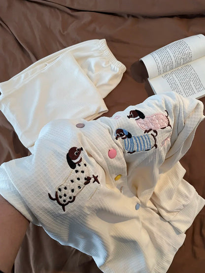 Homsister Women Cute Dachshund Embroidery Pajama Set, Long Sleeve Button Front Top & Elastic Long Pants Soft Knit Sleep Loungewear 2 Piece Sleepwear