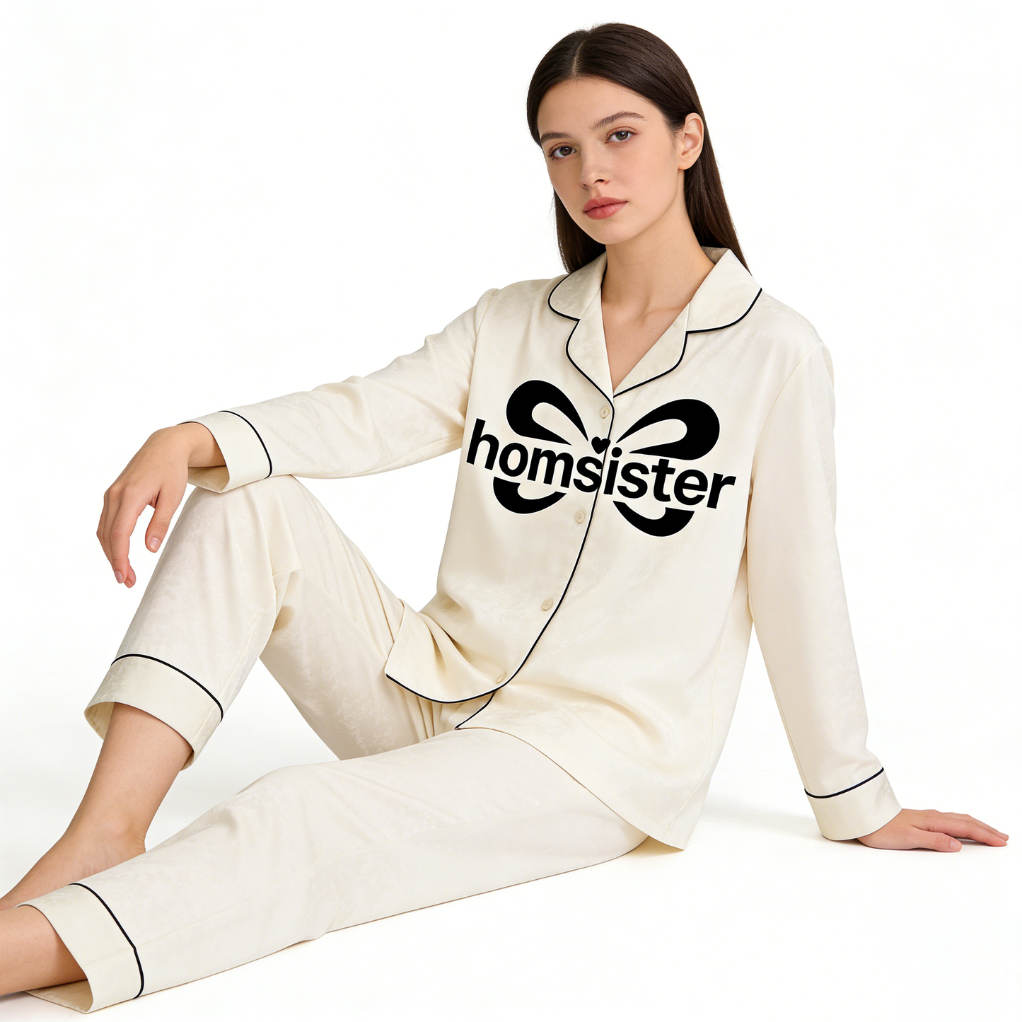 homsister Women's Satin Long Sleeve Pajama Set, Button-Down Loungewear with Bow Print, Soft Silk-Like Sleepwear for Ladies
