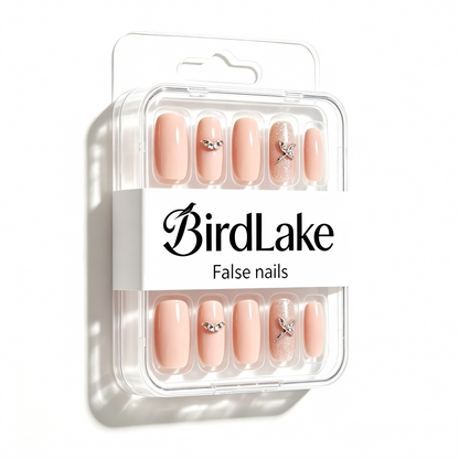 BirdLake Nude Butterfly Rhinestone False Nails, Medium Coffin Press On Nails, Glossy Glitter Fake Nails for Daily Party Wedding DIY Manicure