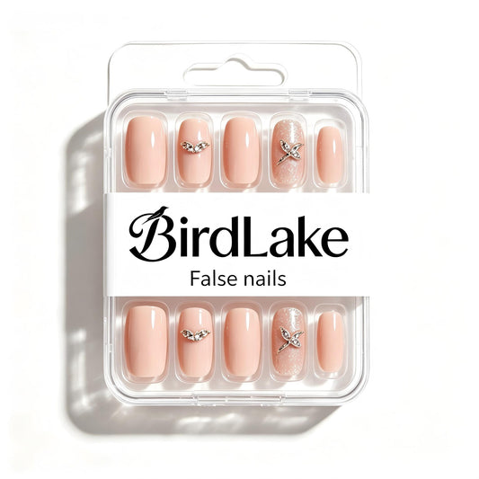 BirdLake Nude Butterfly Rhinestone False Nails, Medium Coffin Press On Nails, Glossy Glitter Fake Nails for Daily Party Wedding DIY Manicure